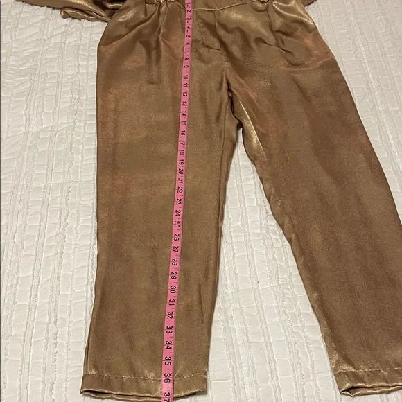Overlover Stina Sienna Satin Georgette Draped Neckline Jumpsuit GOLD size Small - Picture 10 of 11
